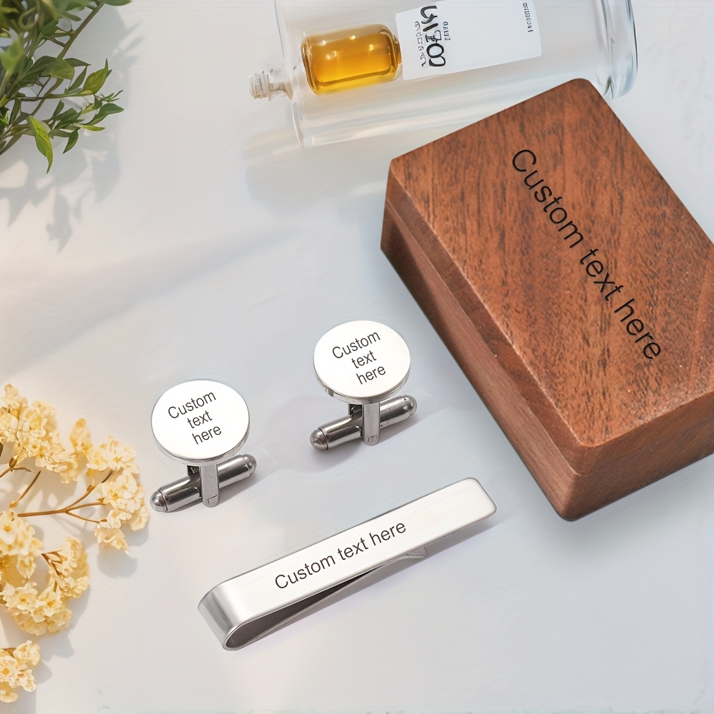 TEMU Juego de Gemelos y Clip para Corbata de Acero Inoxidable Plateado con de Madera, Personalizado, Set de Premium, Presente de Aniversario o Boda