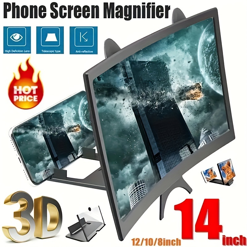 TEMU 14-inch 3d Phone Screen Magnifier, Hd Curved Amplifier Projector With Foldable Stand, Compatible With All Smartphones - Portable Movie, Video, And Gaming Enlargement Display Accessory Without Battery