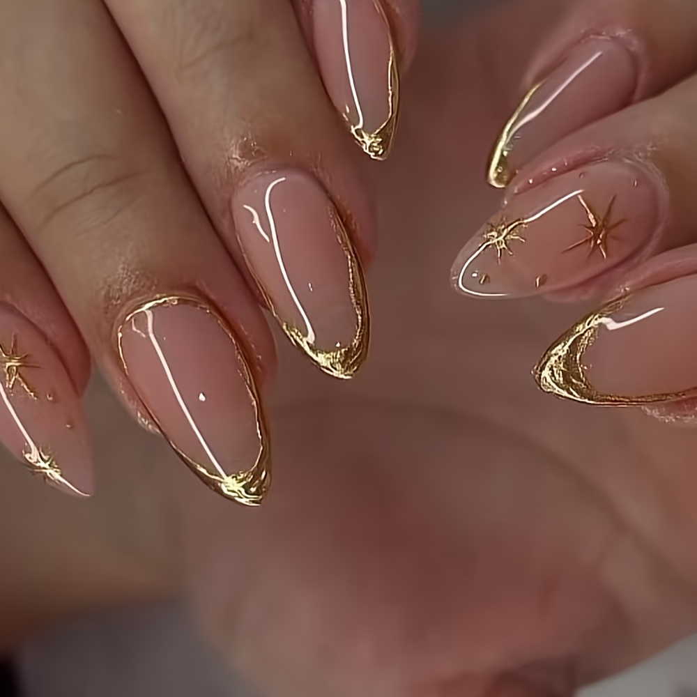 TEMU 27pcs (including Additions) Long Almond Nail Patches, Light Luxury High-end Sheer -on Nails With Sheer Nude Pink Base, Metallic Edge