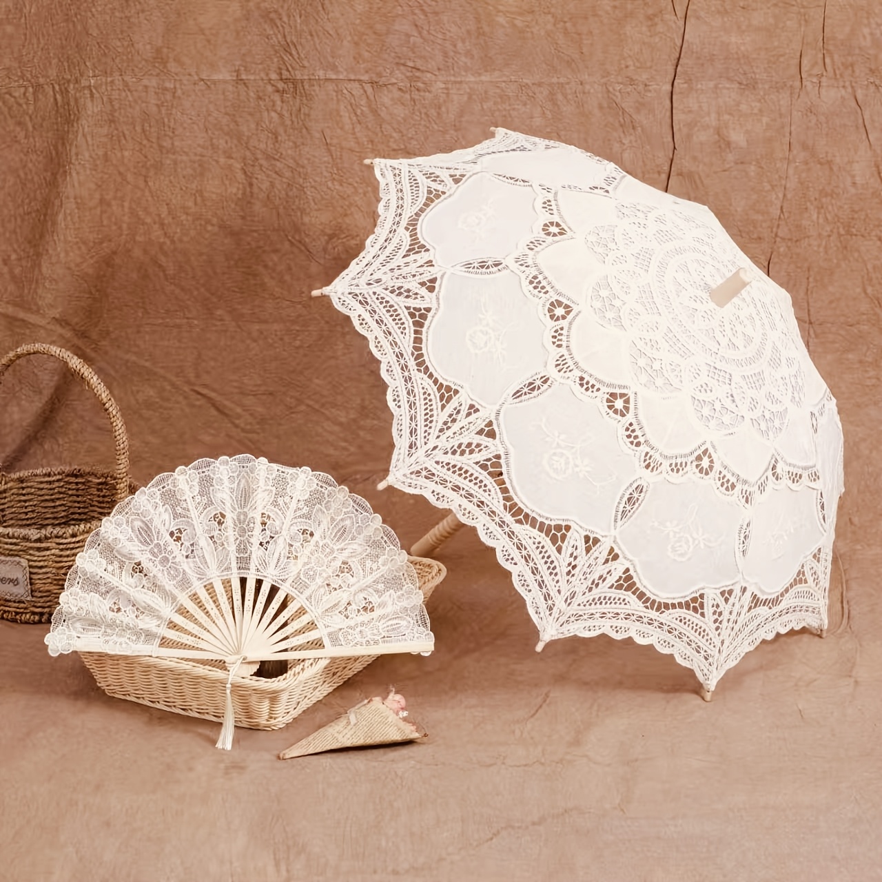 TEMU 1 Set Combination Outdoor Courtyard Umbrella, Courtyard Fan, Retro Elegant Embroidered Craft, Wedding Celebration, Ballroom, Outdoor Sunshade