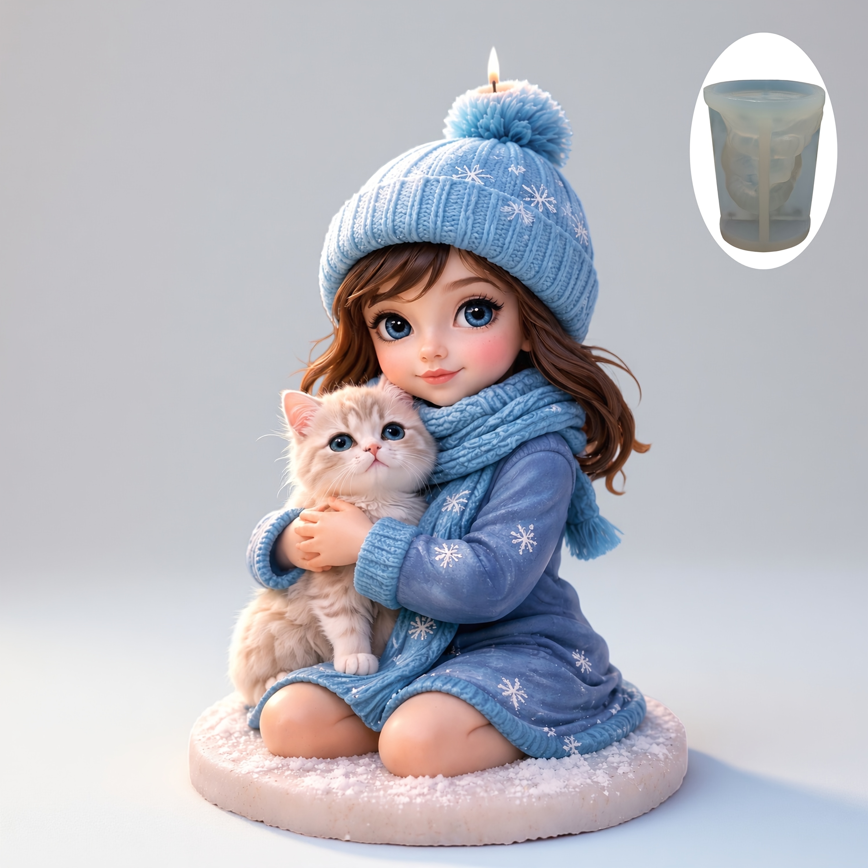 TEMU Dadpe 3d Winter Snowflake Girl & Kitten Candle Mold - Reusable Silicone Suitable For Resin, Plaster, Cement Crafts | Kawaii Doll Figurine With