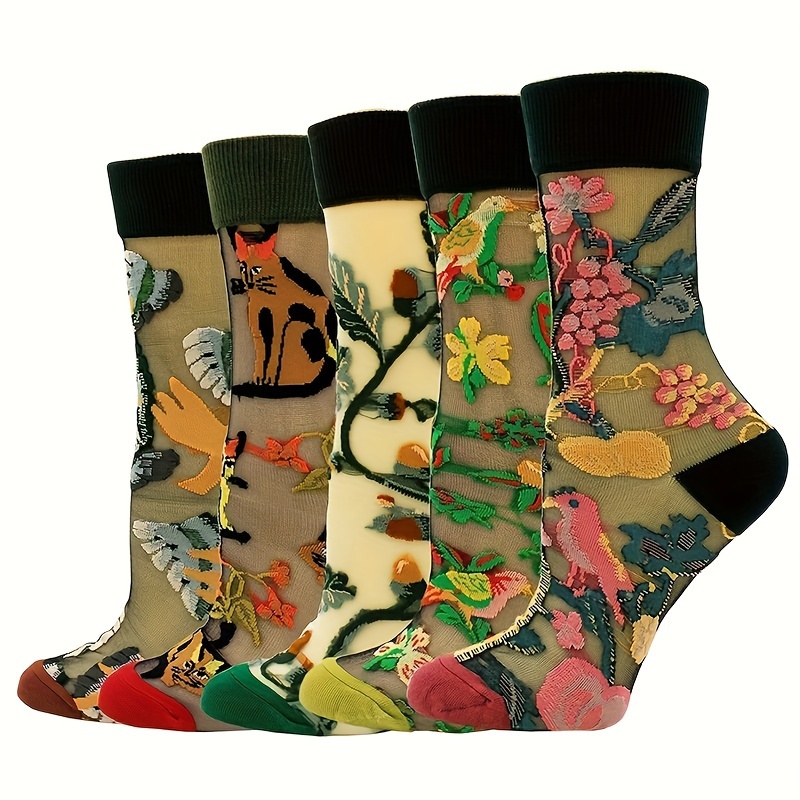 

5 paires de chaussettes en dentelle florale et mesh, chaussettes mi-hautes élégantes, ultra-fines et respirantes, bas et collants pour femmes pour