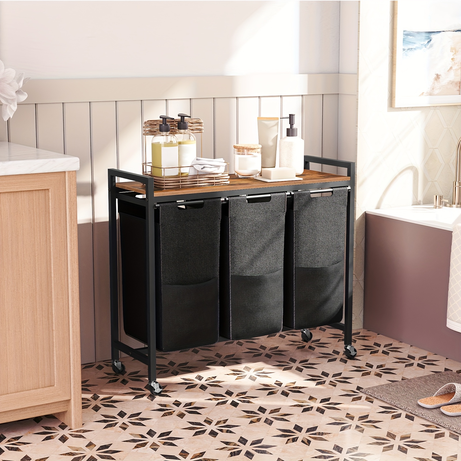 3-Compartment Laundry Basket with Shelf, Oxford Fabric Trolley