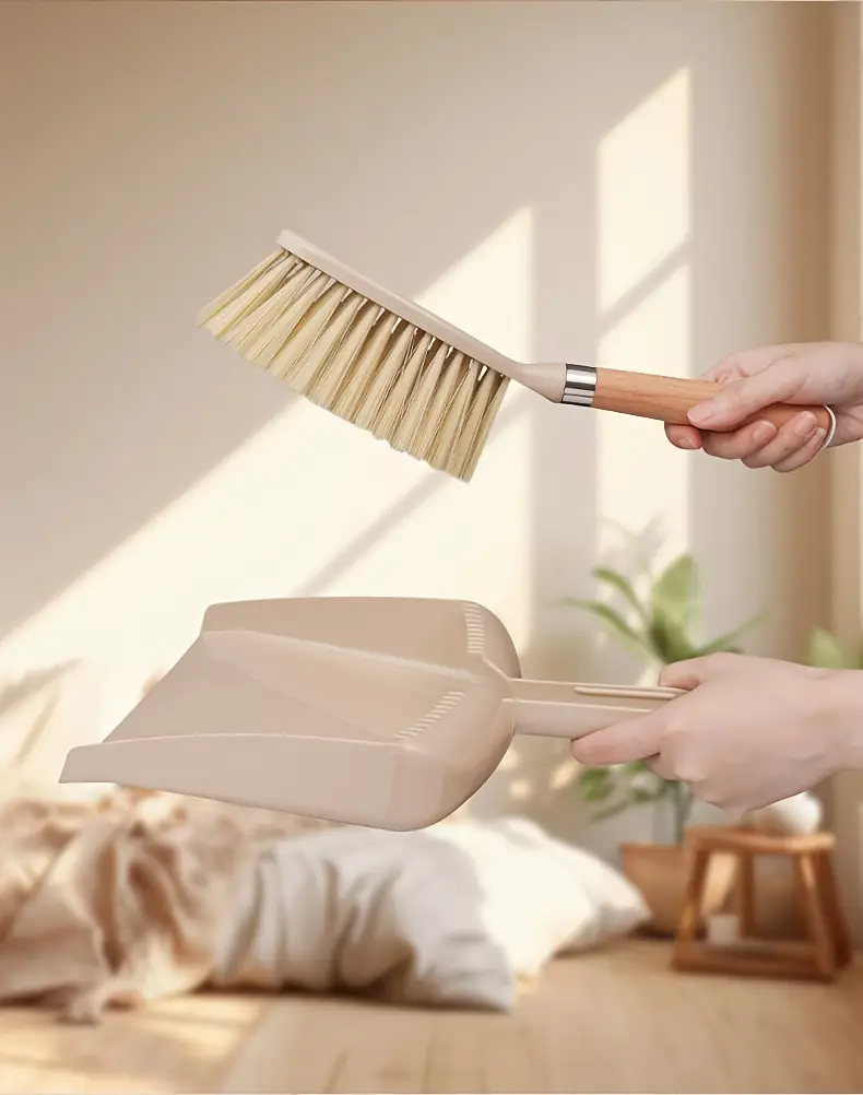 a set of small dustpan and wooden handle broom combination suitable for cleaning sofas tables and small spaces Product details 2
