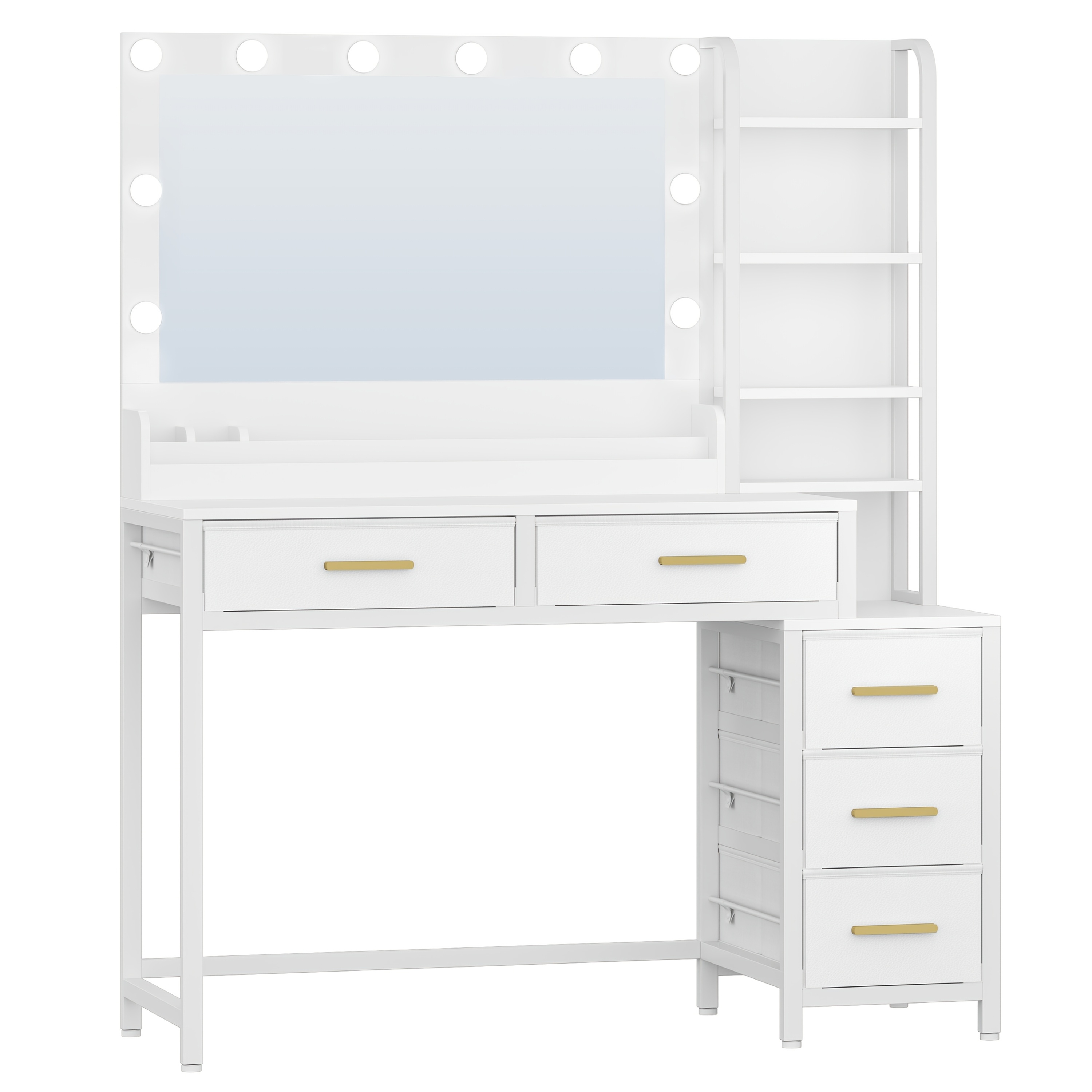 Image of Dressing Table, Home Bedroom Storage, Dressing Table With Large Mirror, Dressing Table With 5 Drawers, 5 Open Compartments, Storage Space In Front Of , Modern, 40 × 110 × 141cm, White
