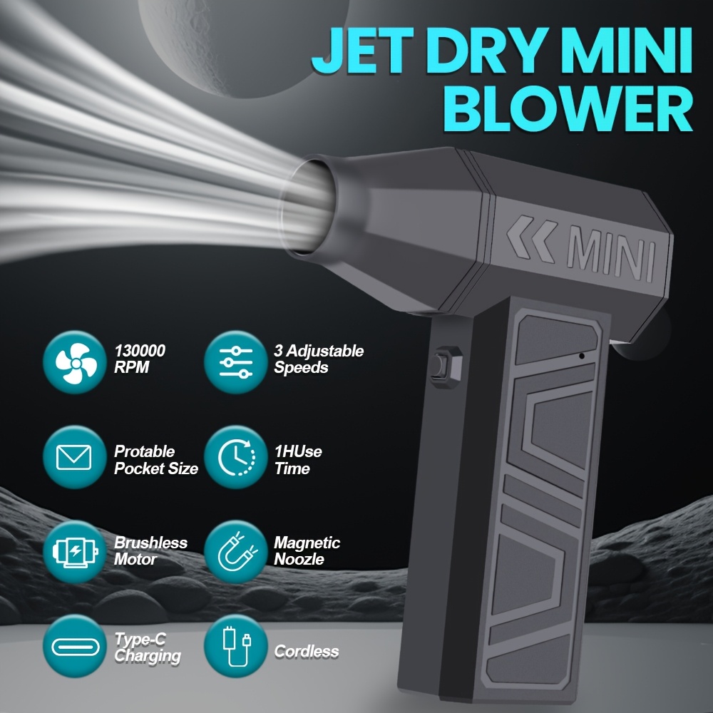 Mini Jet Dry Blower, 130000 RPM Metal Turbine Brushless Motor Electric Air Duster 3 Gear Adjustable Cordless Blower Fan Rechargeable Pc Keyboard Car C