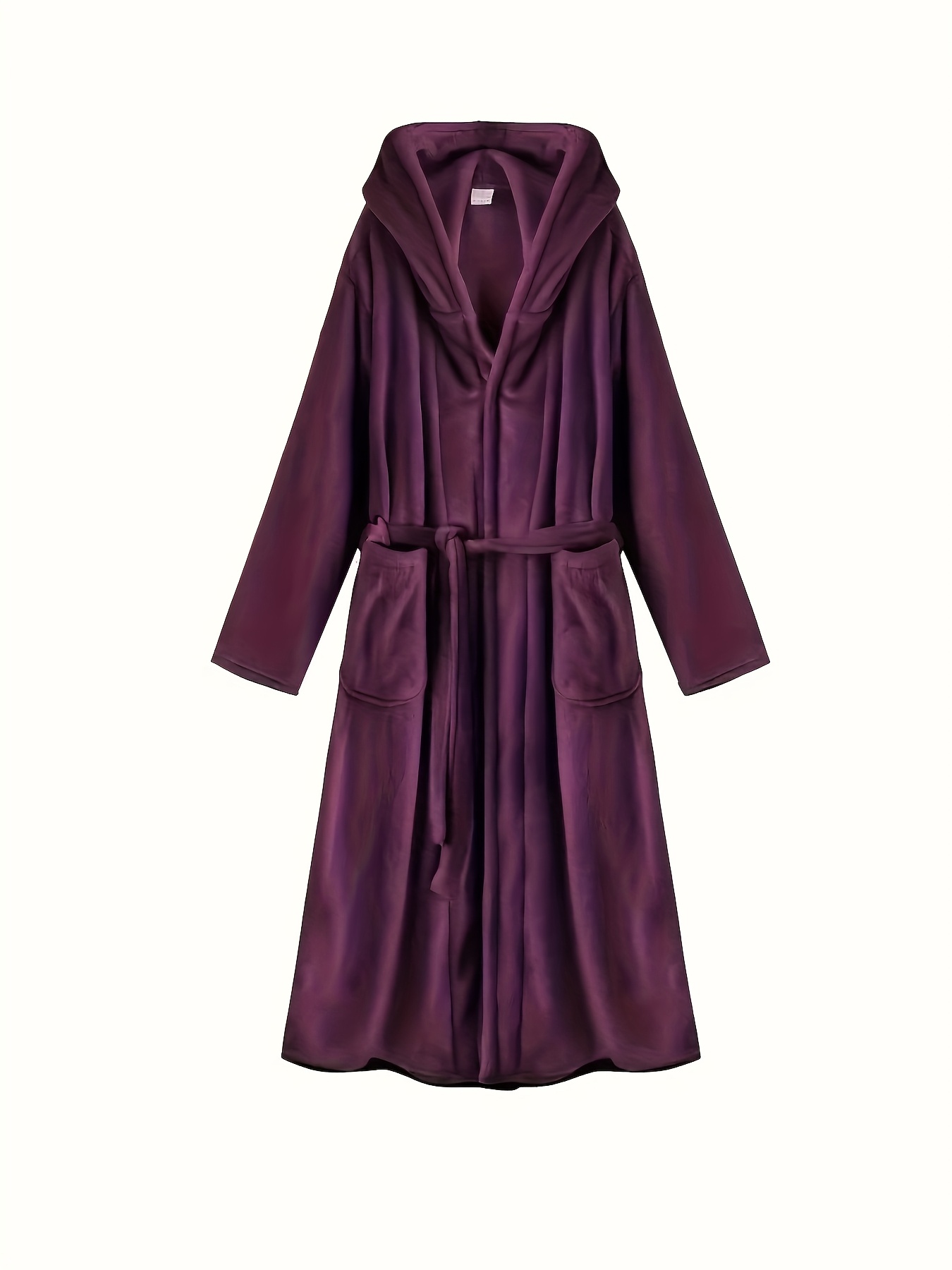 Men's Long Black Fleece Bathrobe with Double Hood - Soft, Breathable, Adjustable Belt, Solid Color, Ideal for Autumn/Winter Comfort