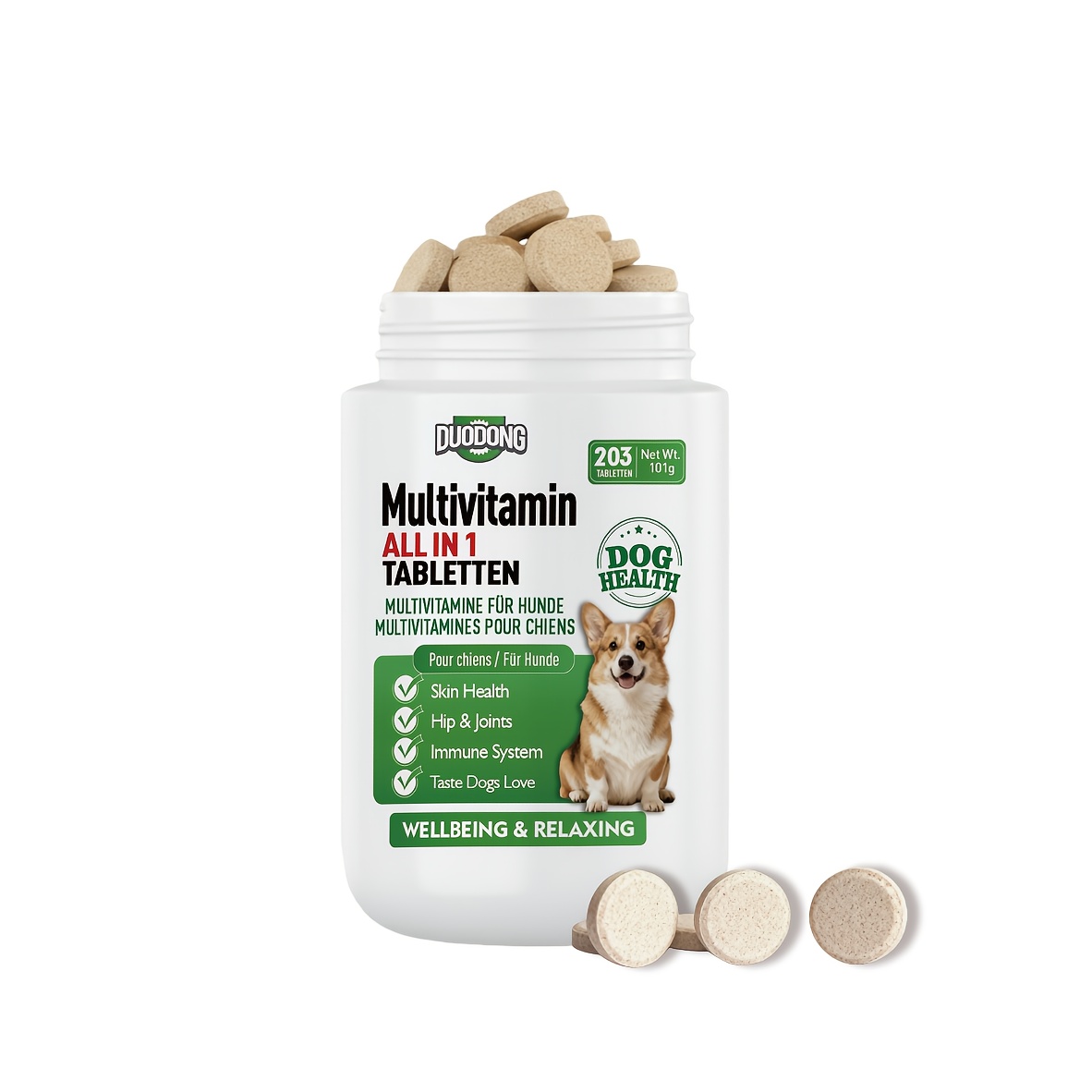 Image of 203-tablet, Canine Multivitamin Supplement | Probiotics + Fish Oil | Supports Skin/coat, System & Digestive Health