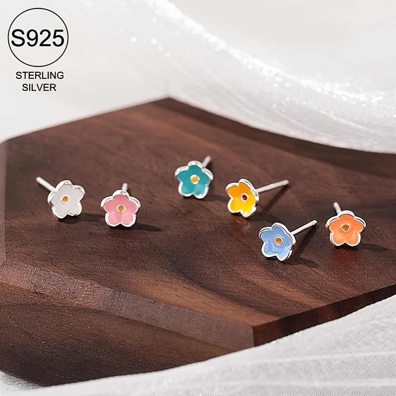 

925 Sterling Silver Stud Earrings Dainty Flower Design Pick A Color U Prefer Match Daily Outfits Party Accessories Hypoallergenic Jewelry