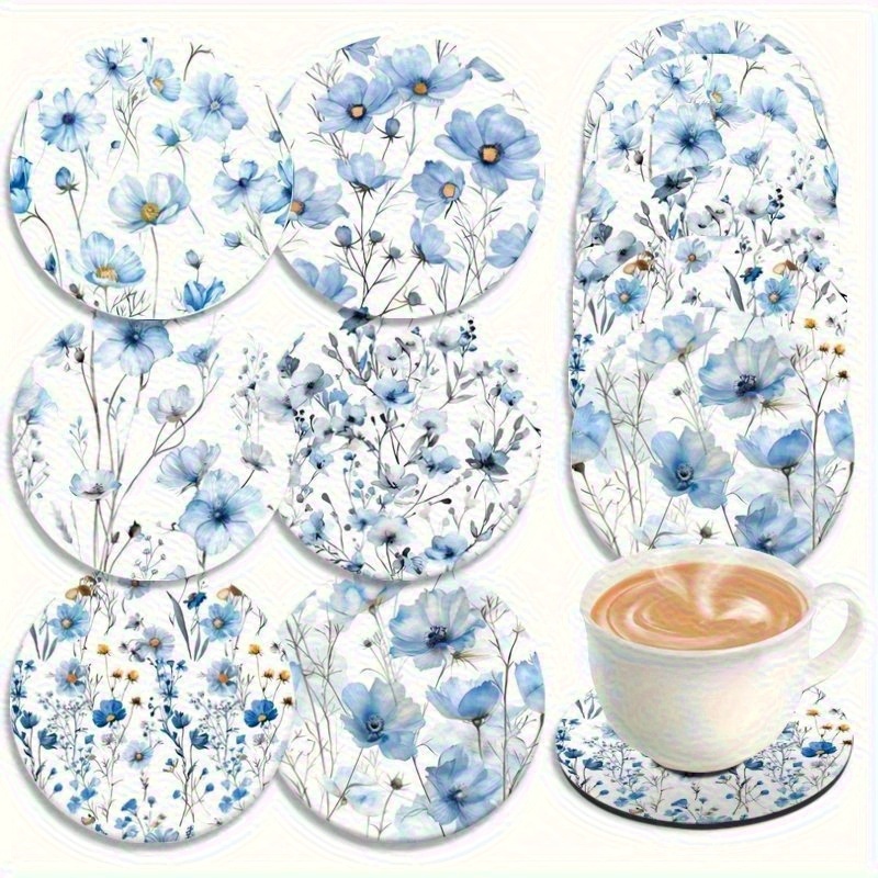 TEMU Juego de 6 Posavasos Artísticos Florales Azul , Tamaño 3.94x3.94 Pulgadas – y , Ideal para Patio, Cocina o Sala, Impresión en 2D