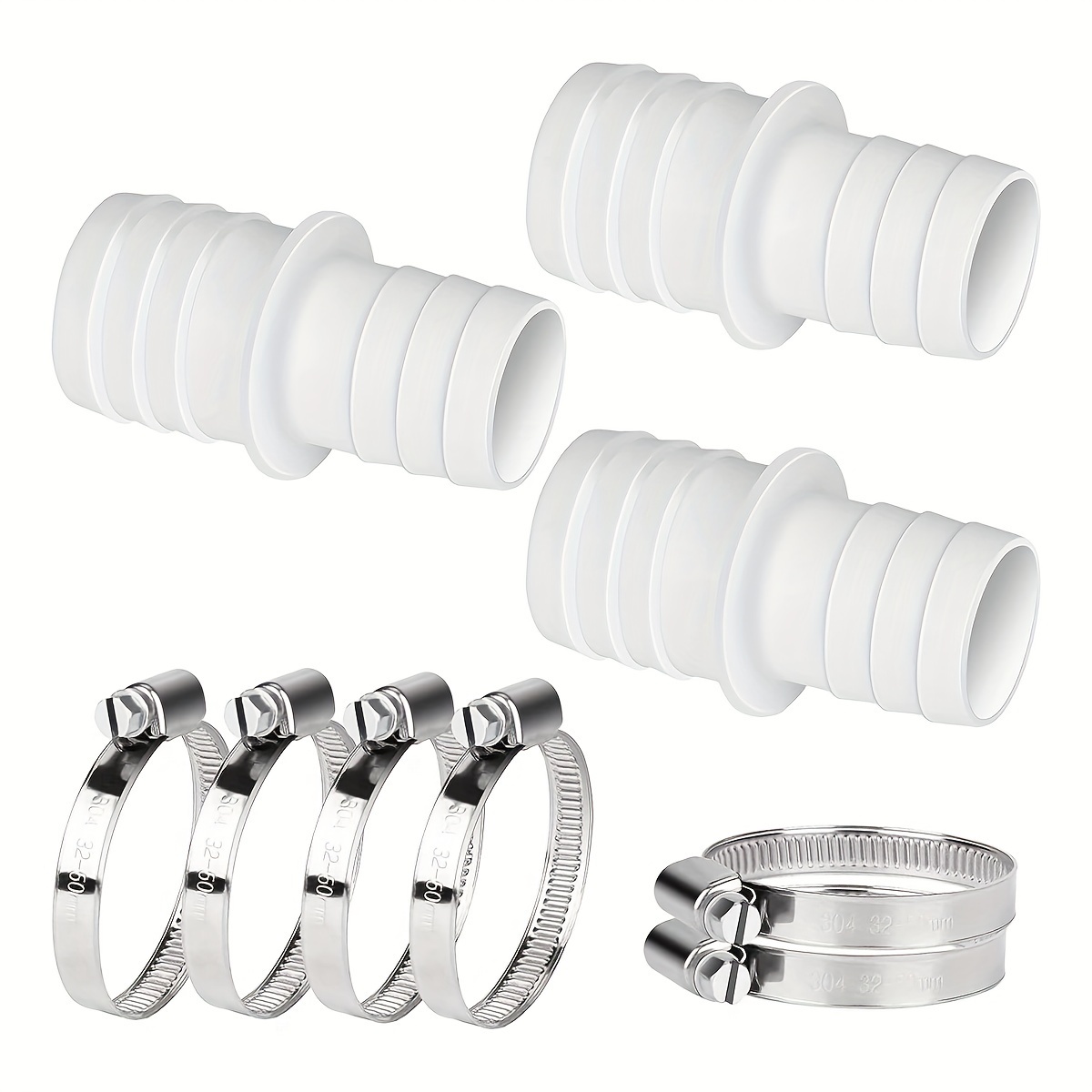

1 Set Plastic Pool Hose Adapters 1.26-1.5in/32-38mm, White Double Ended Hose Fittings, With Adjustable Stainless Steel Clamps
