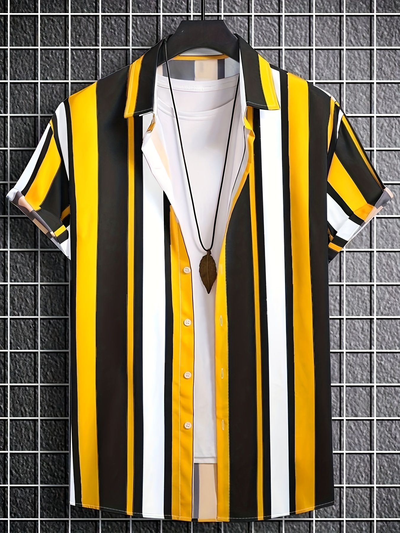 casual color block striped men's short sleeve lapel hawaiian shirt (without t-shirt), summer holiday top yellow and black stripes 1