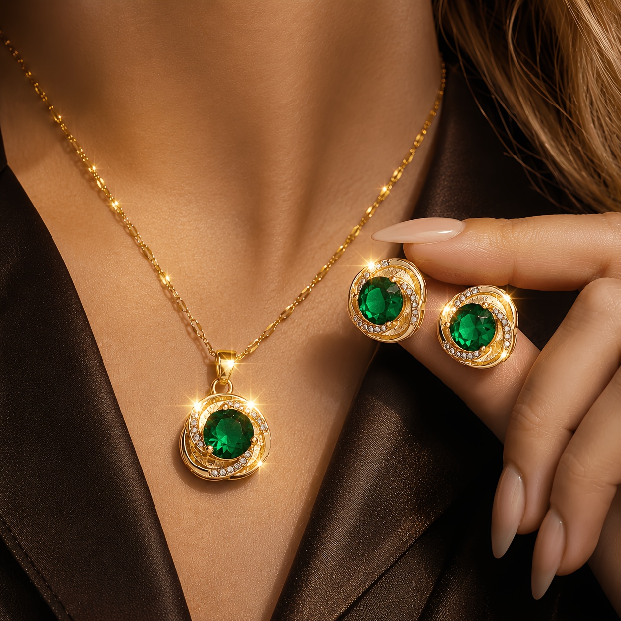 TEMU 2pcs Set: 1 Necklace + Of Earrings. Bohemian Vintage-style Synthetic Zirconia-encrusted Pendant Women's Fashion Necklace And Earrings Jewelry