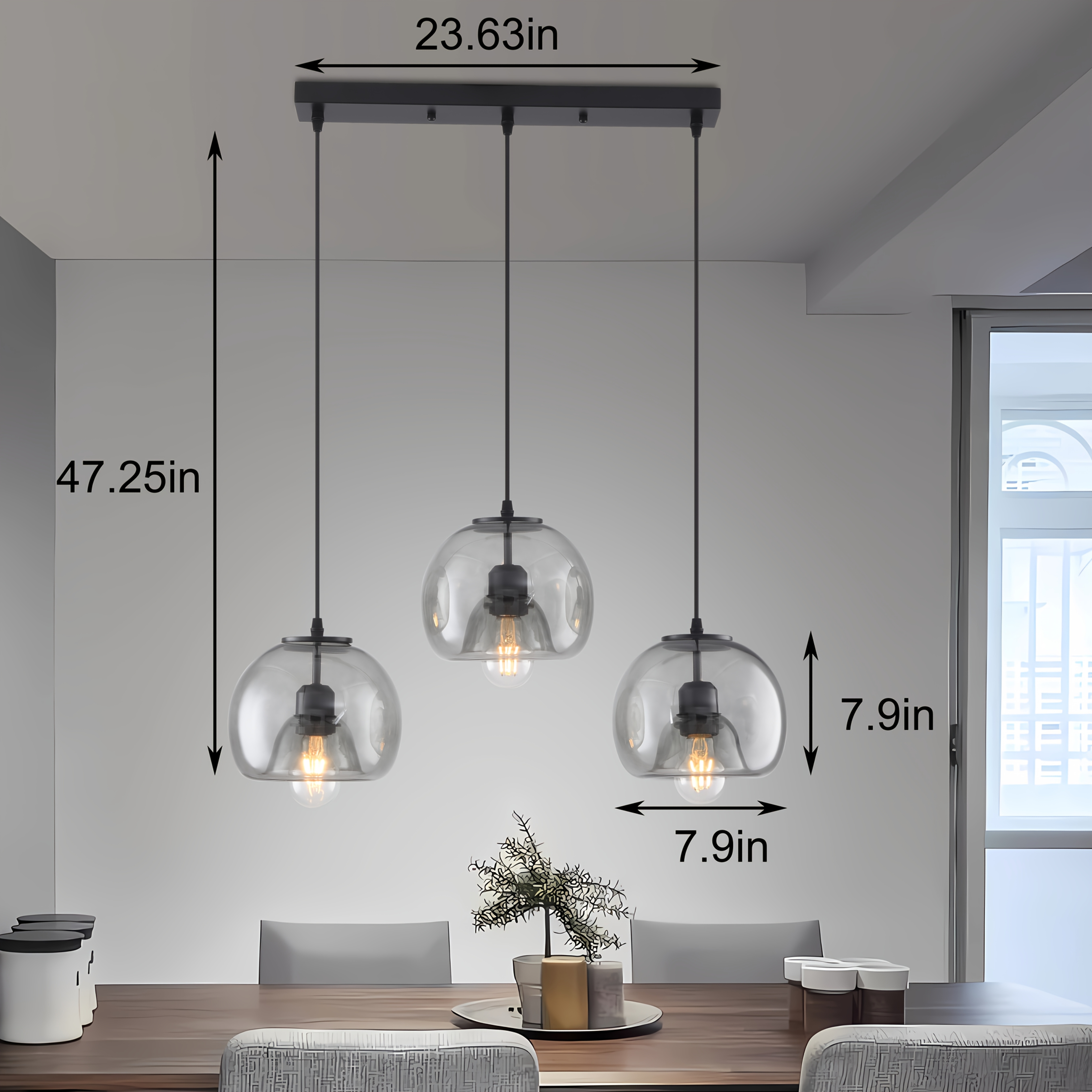 vintage glass pendant light with 3 e27 bulbs for dining table adjustable height retro kitchen pendant light suitable for dining room living room or bar counter 2