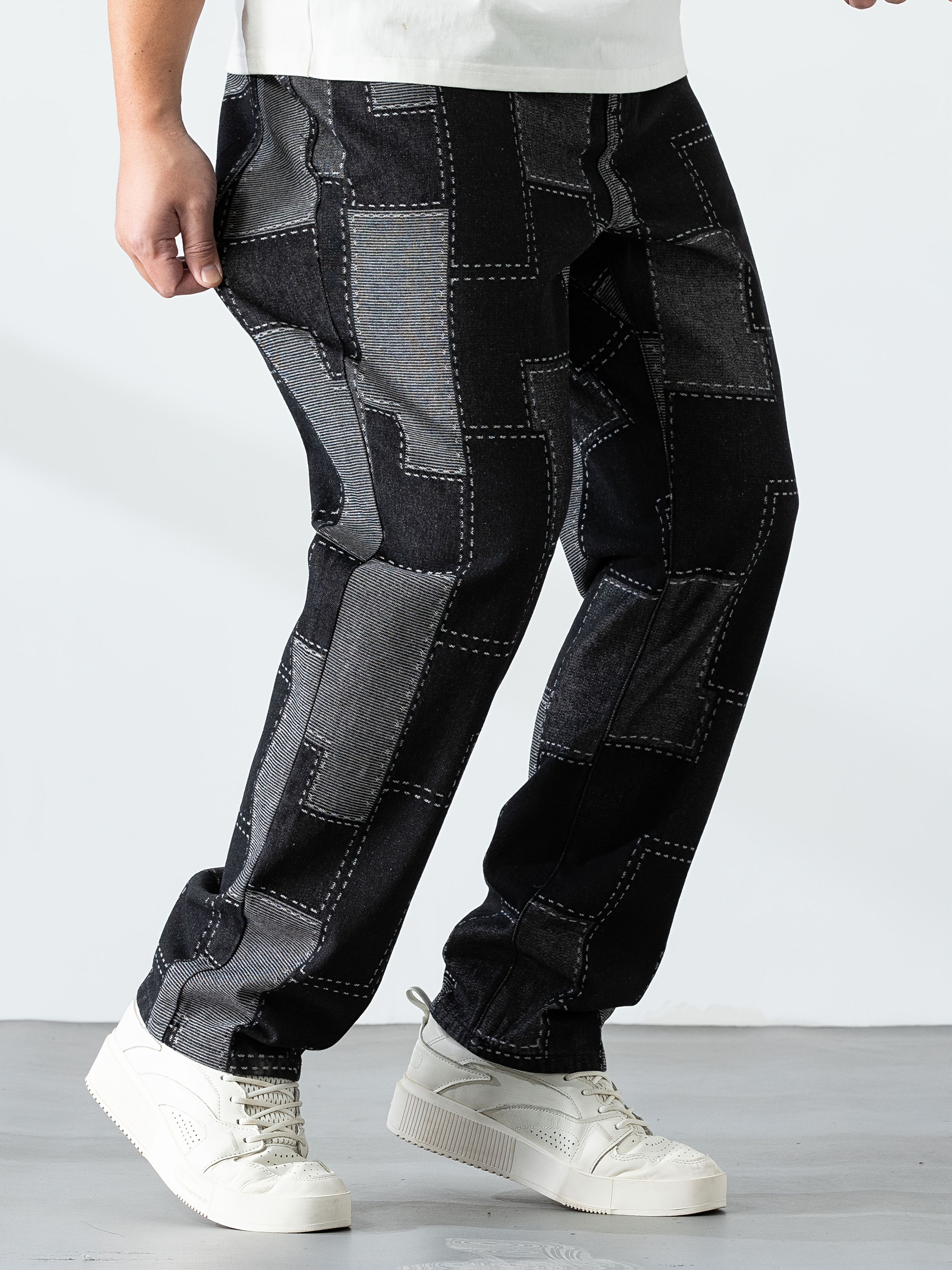 Men's Casual Checkered Straight-Leg Denim Pants - Loose Fit, Blend, Geometric Pattern, All-Season Wear, PLUS SIZE