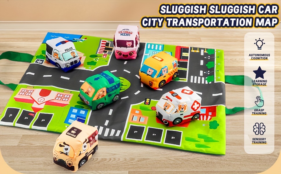 6pcs soft     toy cars with play mat and storage bag perfect birthday halloween christmas gift for 1 year olds details 0