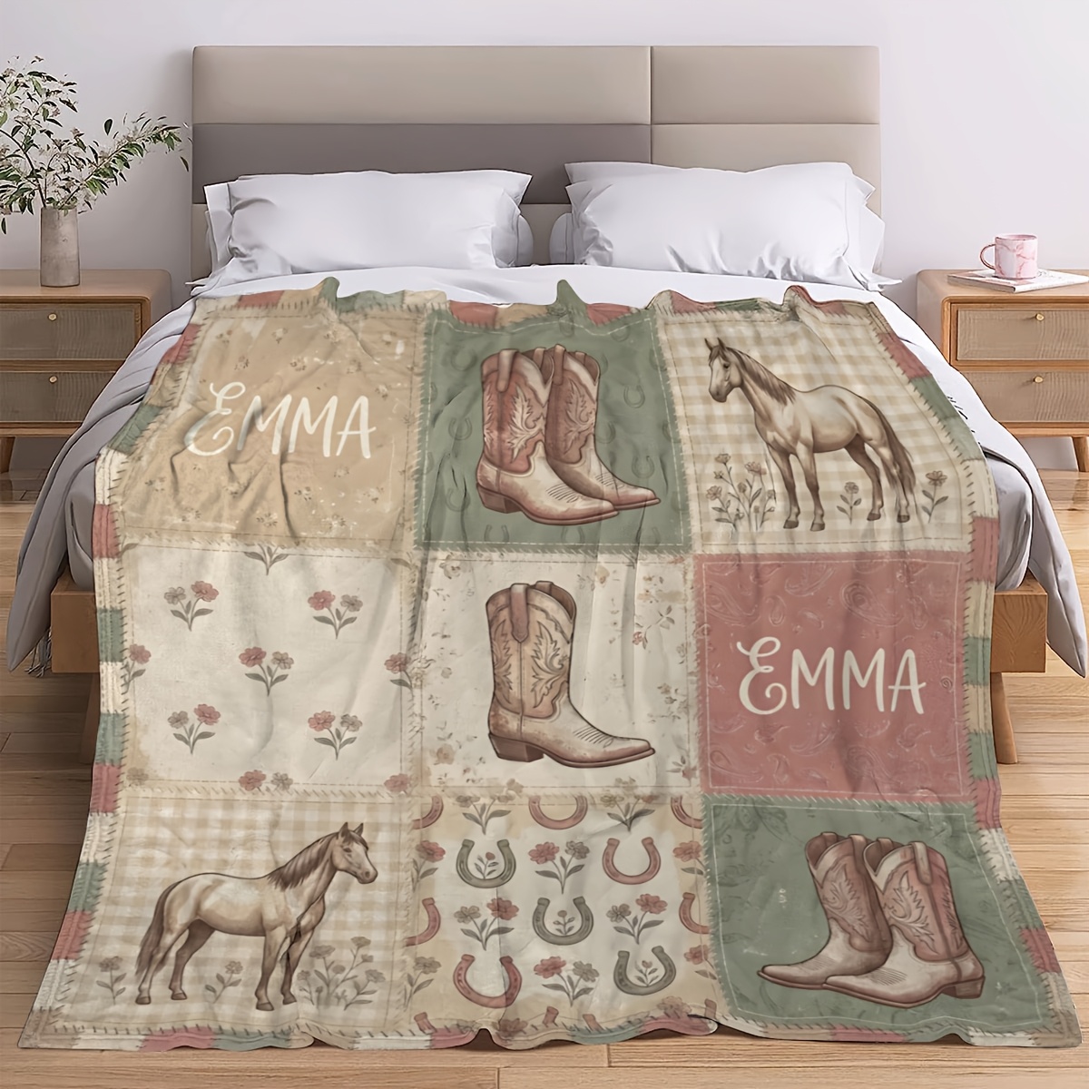 TEMU Personalized Cowgirl Blanket 1pc Custom Name Western Horse Throw Blanket With Cowboy Boots And Horseshoe Lightweight Flannel Blanket For