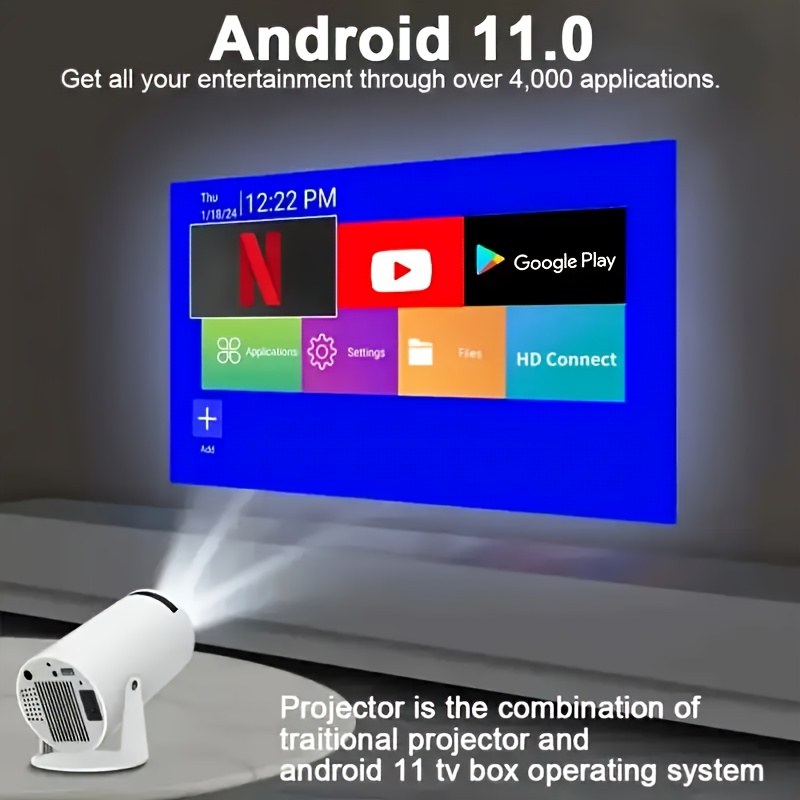   інтелектуальний високоякісний проектор, вбудована операційна система   11, подвійний діапазон wifi та bt 5.2, гучномовці з високою точністю, 200 люменів,   розширення 1080p/підтримка 4k,  ° гнучке проєктування, готовий до 3d, живлення через usb,   підходить для   Опис товару 4