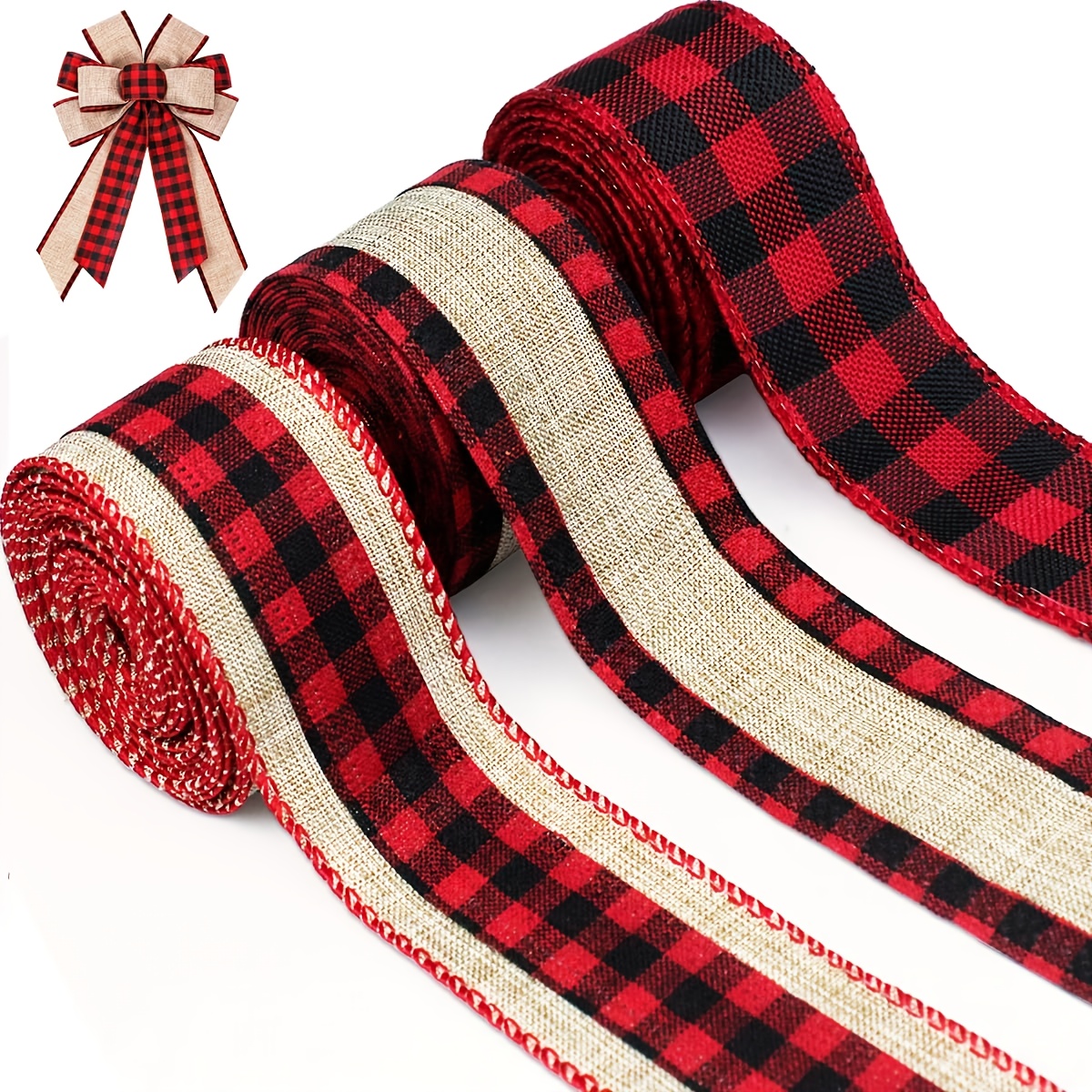 TEMU 3 Rouleaux de Ruban à Carreaux - Bord Filaire, 1,5 Pouces de Large () - Convient pour Emballage de Cadeaux de Noël, Décoration de Fêtes,