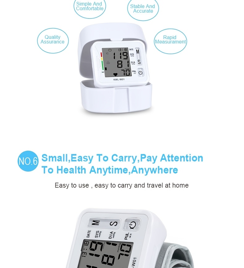 w01 wrist   bp blood pressure meter stethoscope   precise measurement lcd display voice broadcast suitable for high and low blood pressure heart rate irregular detection battery not included Product details 9