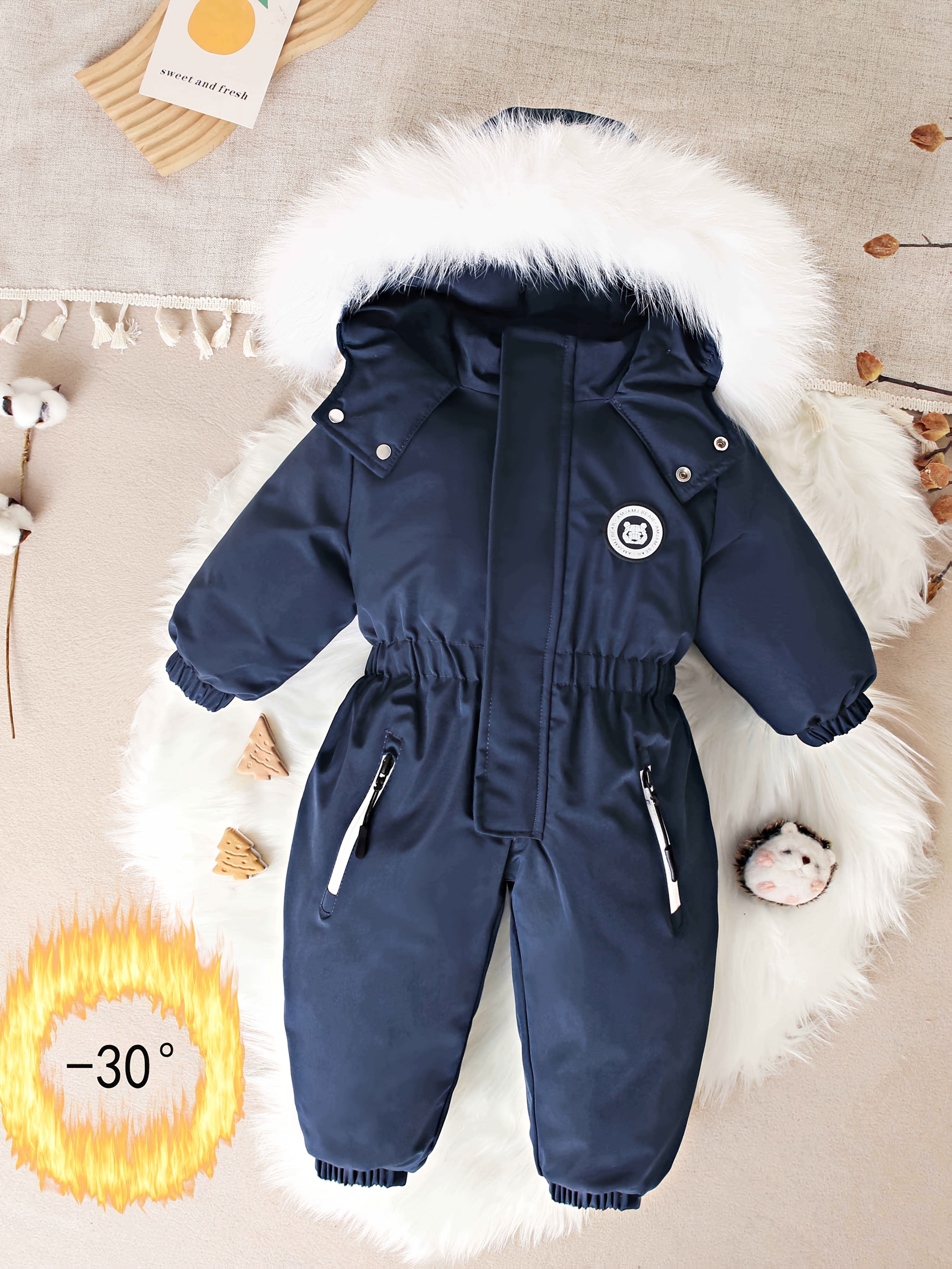 kids thickened hooded ski suit winter snowsuit with zipper closure padded insulation adjustable legs for boys girls ages 1 5 years navy blue winter kids clothes unisex kids outfit adjustable legs suit zipper closure suit