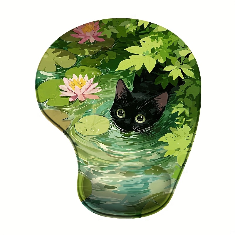 TEMU 1pc 2d Flat Ergonomic Wrist Rest Mouse Pad, Black Cat In Lotus Pond, 8.98x7.56inch, Pu Anti-slip Base, Washable And Durable, Charming Gift For