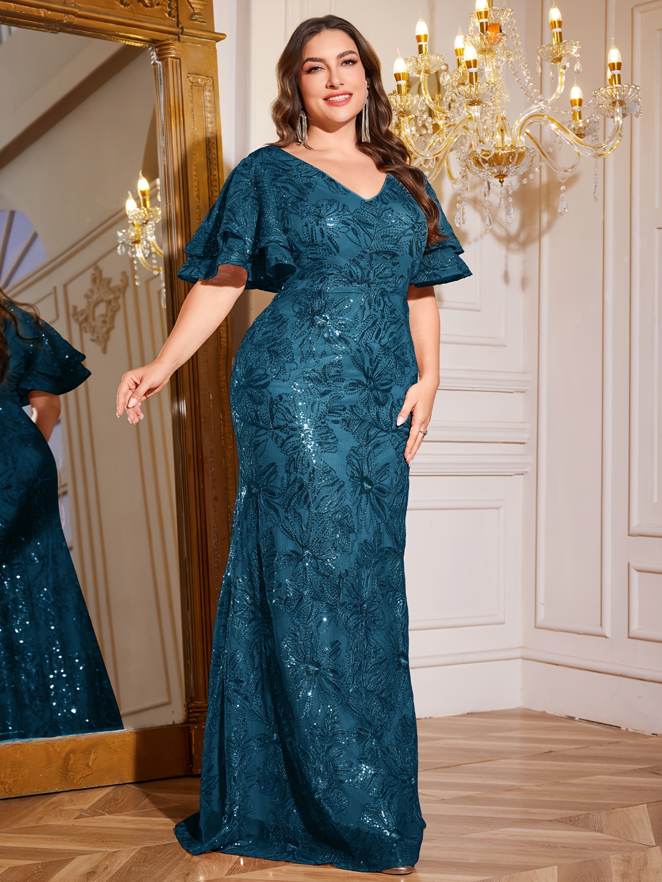 slim fit dress slacks Plus Size Sequin A-Line Midi Wedding Guest Dress with Flutter Sleeves