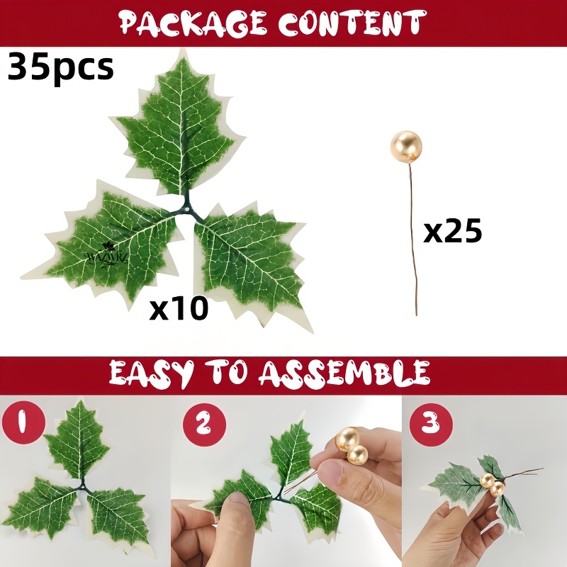 TEMU 35pcs (including 10pcs Leaves And 25pcs Berries) Artificial Berries Garland Vine Branch Plug-in Gift Box Decoration Christmas Atmosphere