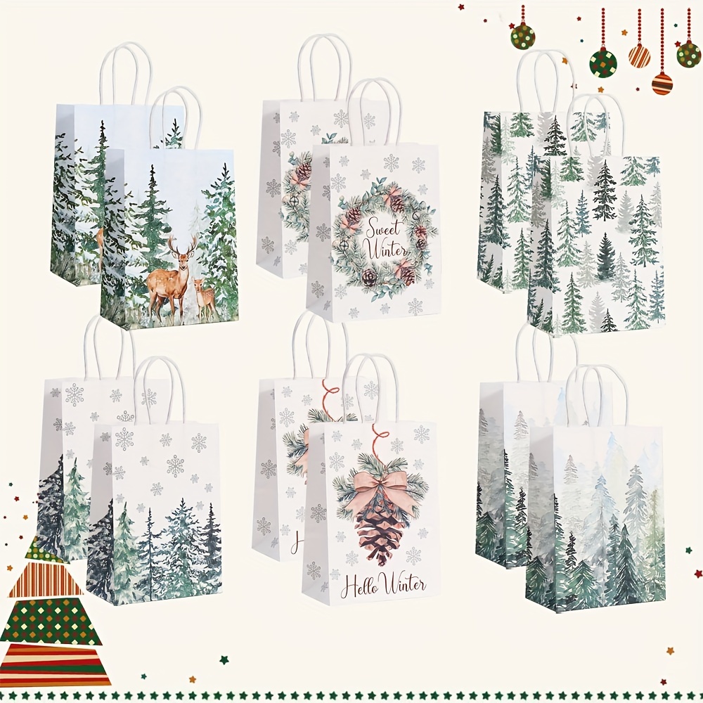 

24pcs White Christmas Gift Bags With Kraft Paper - Tree, & Pine Cone Designs For Birthday, Party Favors, Candy, And Shopping