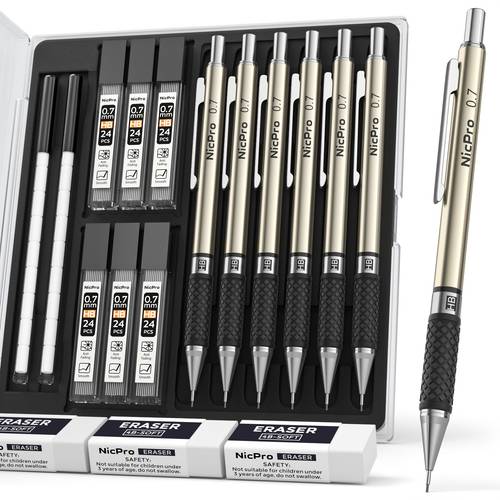 imagen del artículo 0.5 mm set de lápices mecánicos artísticos en de regalo, 6 lápices de dibujo de metal con 6 tubos de recambios de hb recambios de