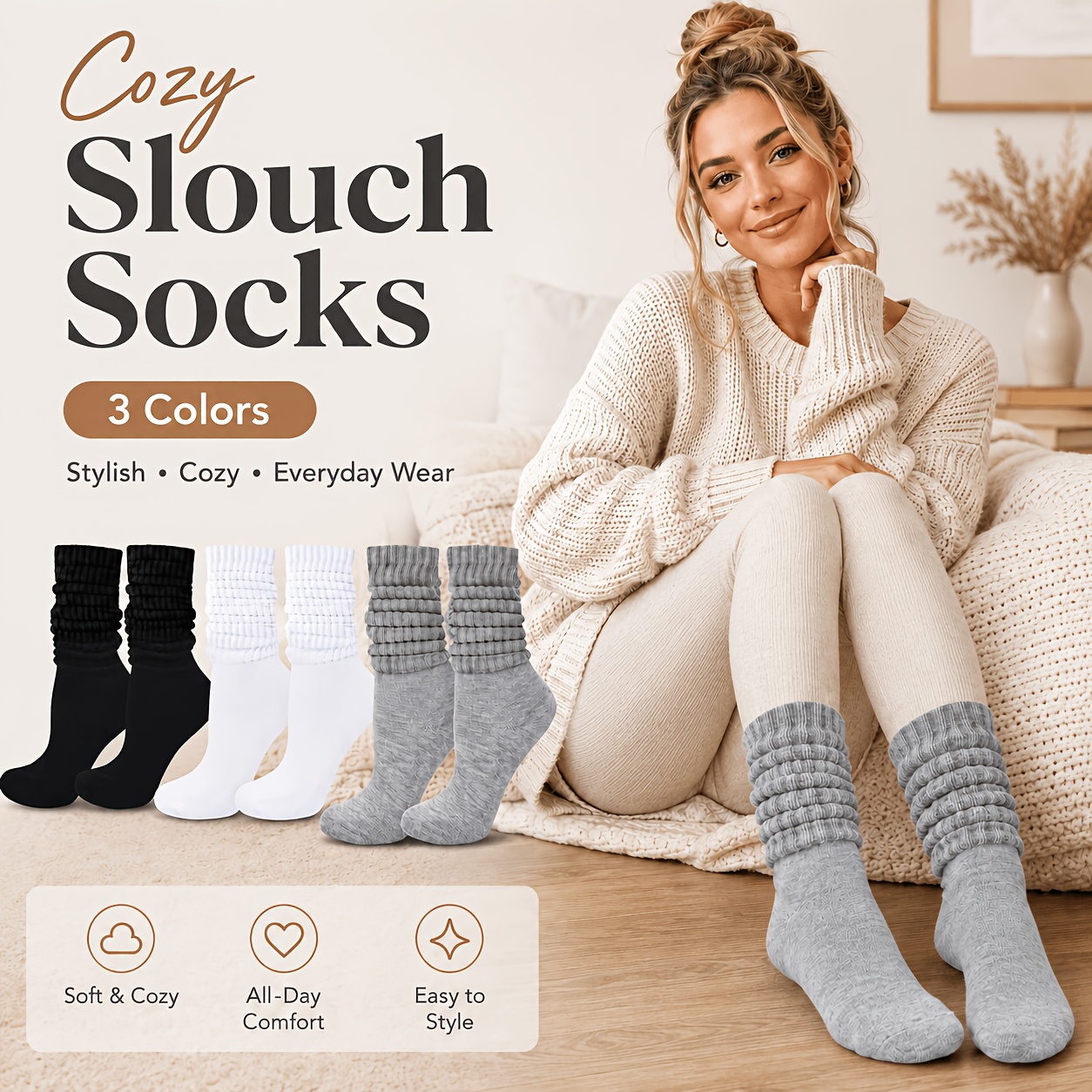 TEMU 3 Pairs Of Women's Fashionable Calf Socks Set, Plus Size Solid Color Soft And Breathable Mid Calf Socks 0xl-2xl