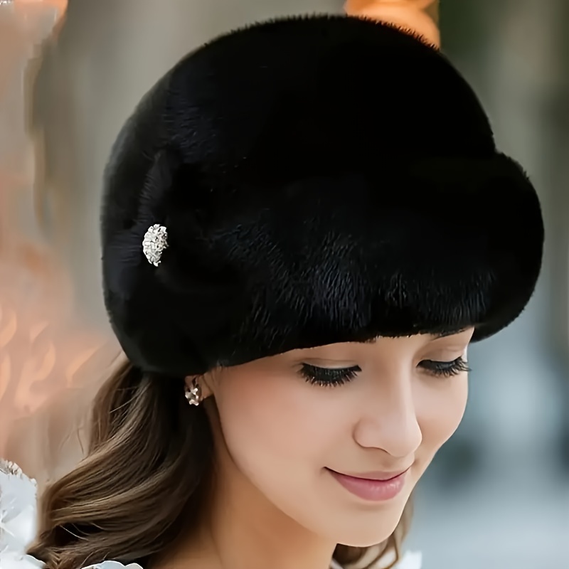 

Winter ] Elegant Black Mink Fur Winter Hat For Women - , Warm & Stylish -inspired Cap With Flower Decor, Fit, Hand Or Only