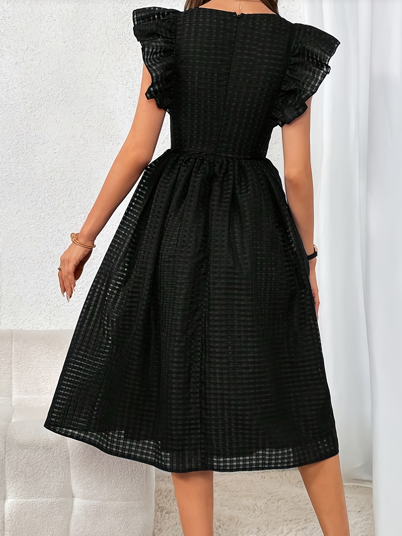 womens black   sleeve midi dress middle eastern inspired flared hem fitted bodice flared skirt machine washable   versatile dress details 1