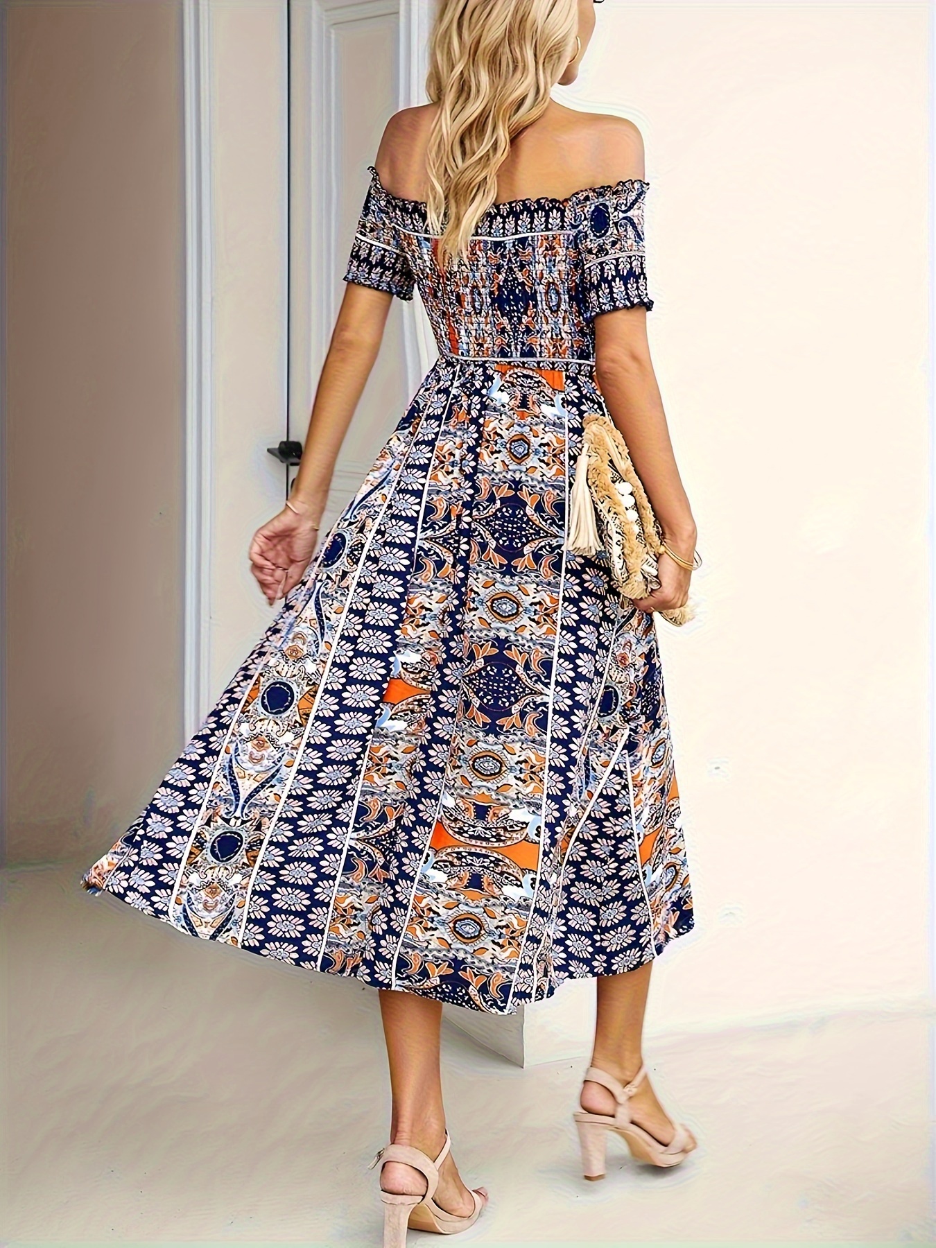 ethnic print shoulder dress vacation split hem a line dress - Temu