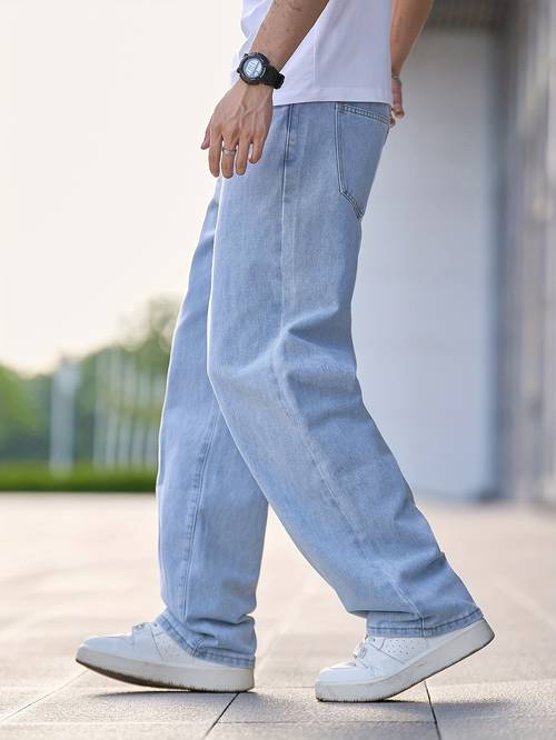 1pc mens casual washed denim jeans loose fit straight leg solid color non stretch fabric woven pants regular length