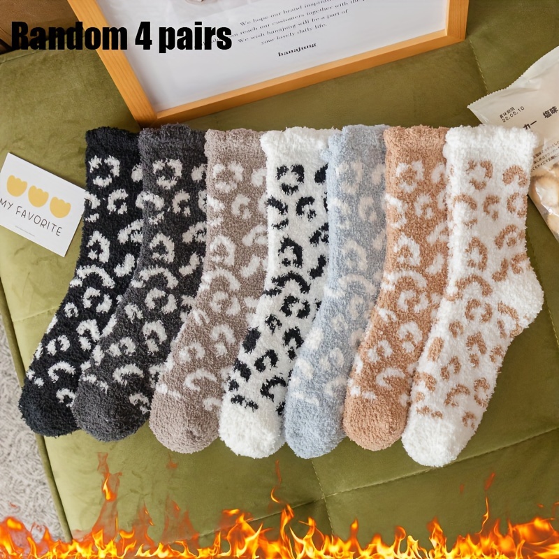 

de 4 paires de chaussettes floues - Mélange de et d'élasthanne, longueur , imprimé léopard géométrique, tissu tricoté thermique , chaussettes de sommeil confortables la , chaussettes d'hiver chaudes