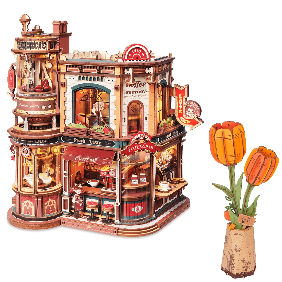 Image of Robotime 3d Wooden Puzzles 2pcs, Miniature Coffee Shop & Flower With Led Music Box, Christmas Decorations Room Decor Table Decor Toys & Birthday Gift For Craft Lovers (eab02&tw081)