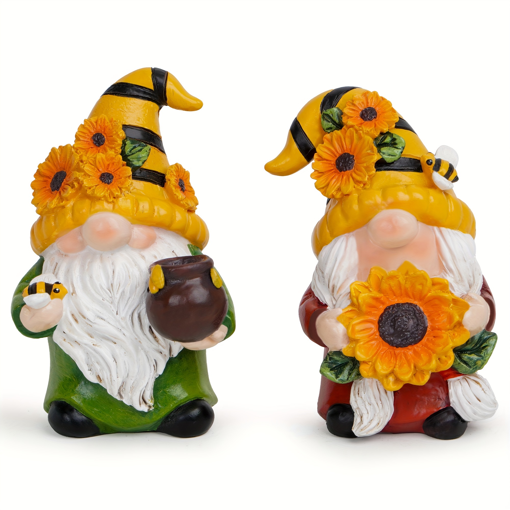 

2pcs Resin Bee And Flower Gnomes Figurines, Indoor & Outdoor Decor, Artistic , No Electricity Needed, For Home And Room Types