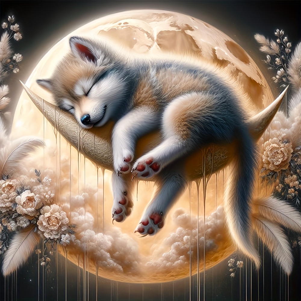 

Sleepy Wolf Cub On Moon Diamond Painting Kit 20x20cm - Round Acrylic Diamonds Diy Mosaic Art Craft For Home Decor, Relaxation Gift For Adults And Beginners - Animal Theme