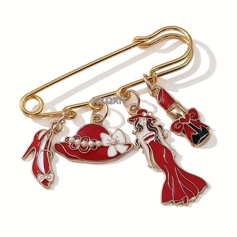 TEMU Broche haut de gamme pour femmes, alliage à goutte d'huile, rouge à lèvres, chapeau cadeau, sac à main, ajouts de rouge à lèvres, épingles,