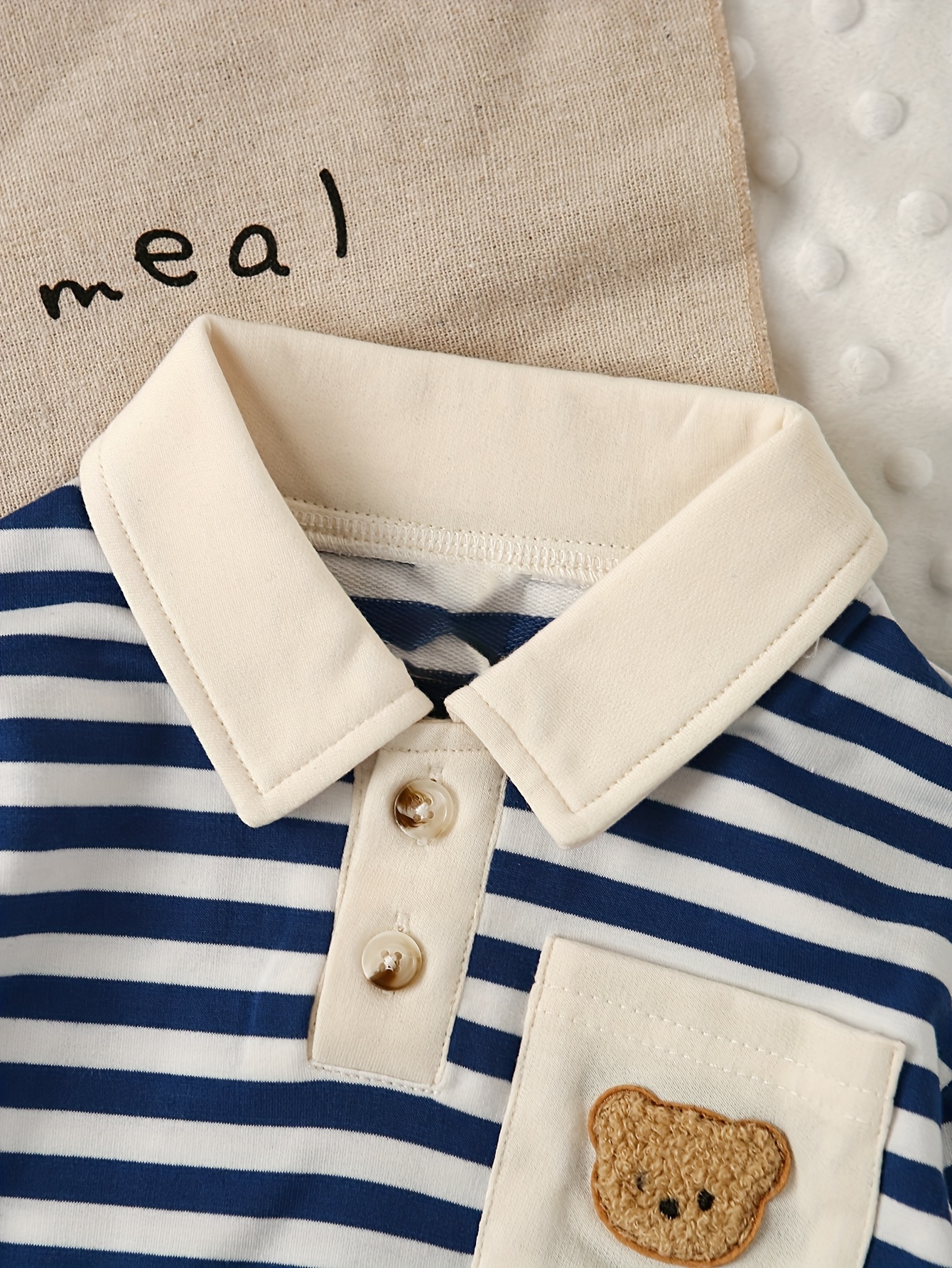 2pcs baby boy autumn and winter outfit featuring a blue and white striped long sleeve   shirt with a bear embroidery on the pocket   with beige corduroy casual pants the soft and comfortable corduroy material provides   Product details 4