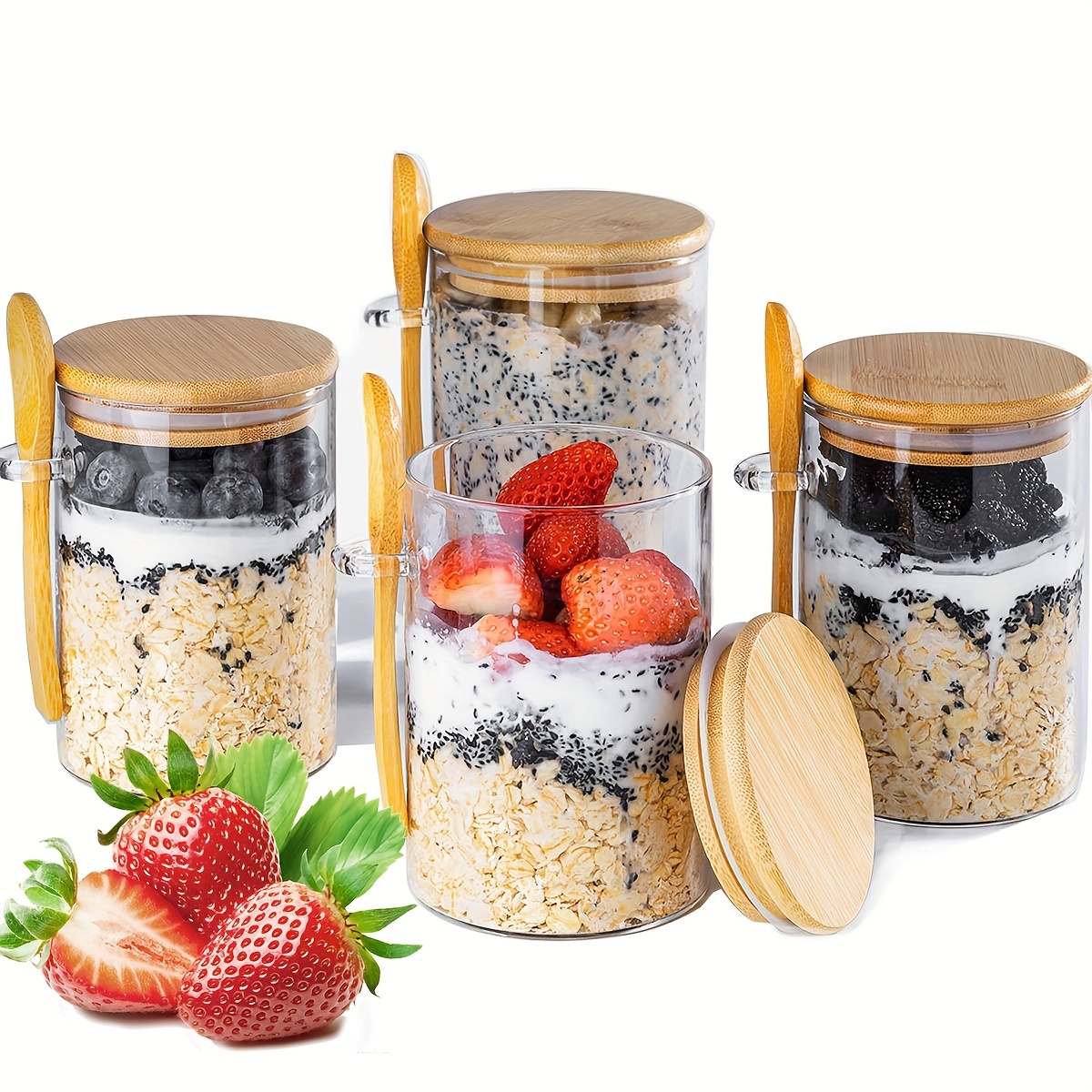 

4 Piece Glass Jar Set With Sealed Lid And Spoon - Ideal For Overnight Oats, , Fruit And Spice Storage - The Gift