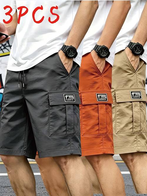 item picture 3pcs mens and unisex cargo shorts relaxed fit with drawstring waist multi functional pockets lightweight non stretch polyester fabric suitable for fitness hiking and daily wear spring summer casual shorts hand washable for men