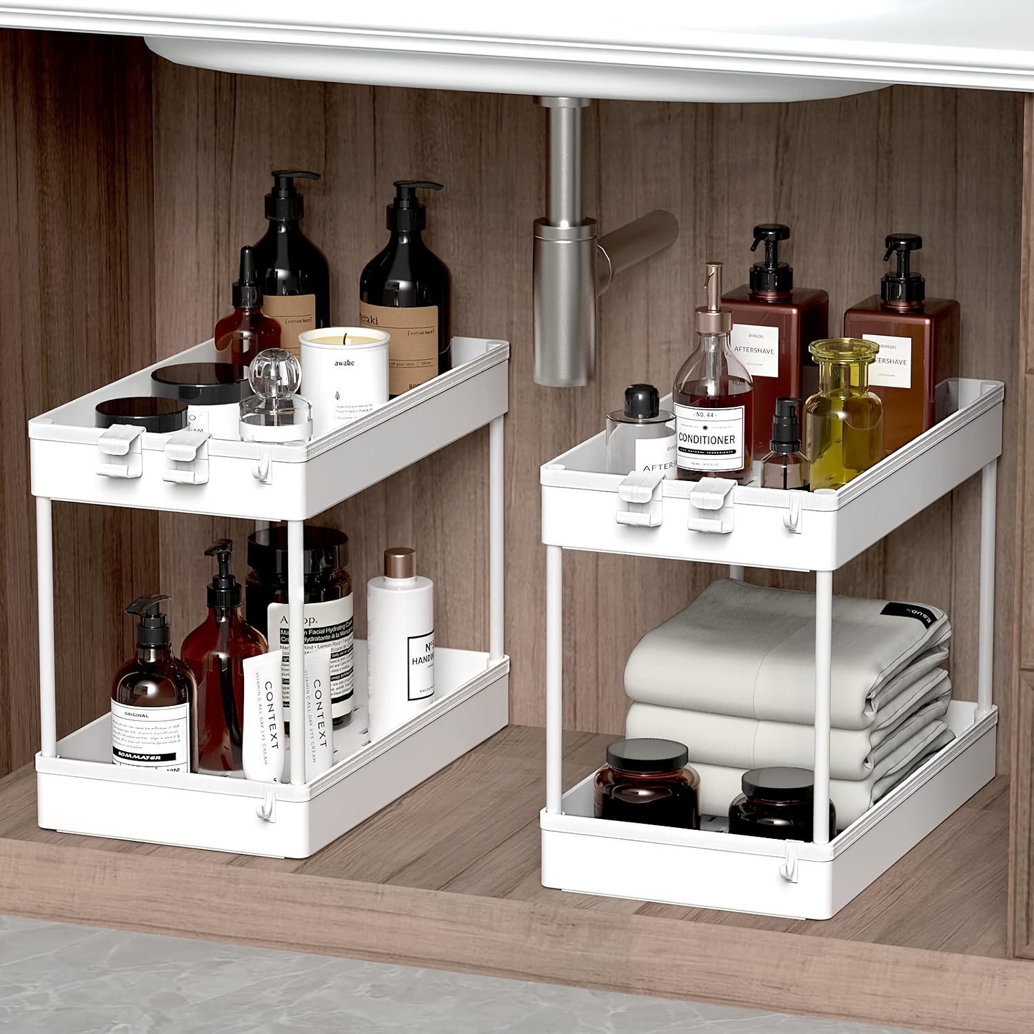 Under Sink Organizer, 2 Tier Under Sink Storage Organizer, Bathroom Standing Rack, Bath Collection Baskets With Hooks, Storage Shelf, 2 Pack