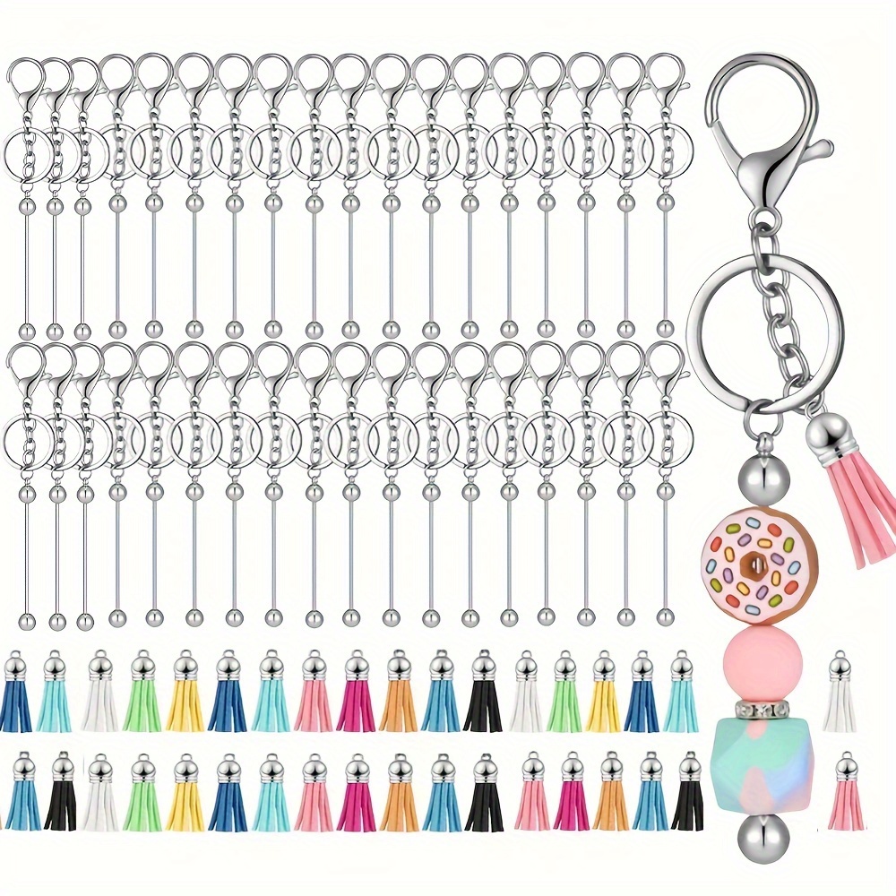 

24/48/72pcs Beadable Keychain Bars Bulk, Including Silver Beaded Keychain And Colorful Leather Keychain Tassels For Jewelry Making Bracelet Diy Jewelry Pendant Accessories