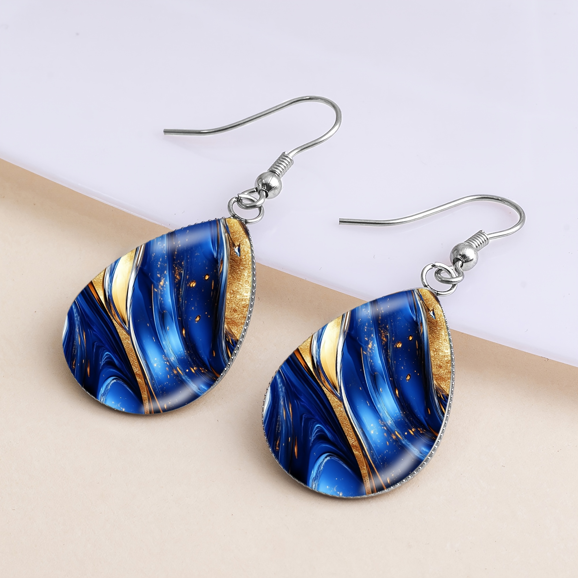 Men's Blue and Golden Dot Glass Pattern Teardrop Earrings
