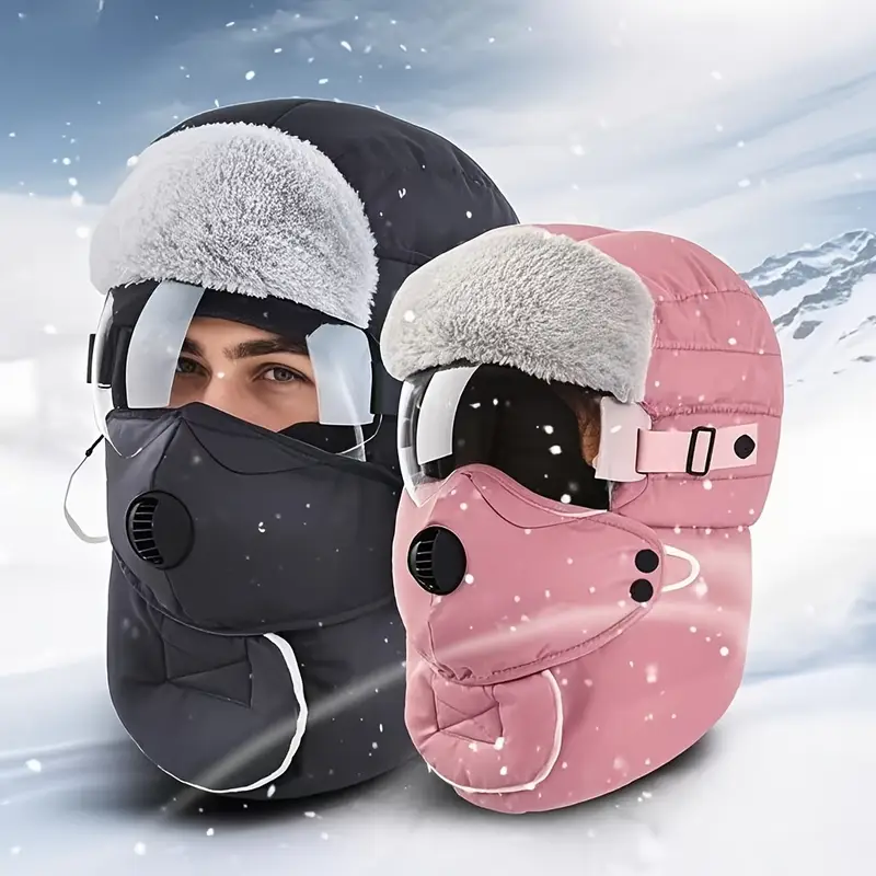 2pcs set winter cycling outdoor hat with ear flaps mask scarf goggles thickened windproof warm fleece lined   cap for men and women new skiing style Product details 1