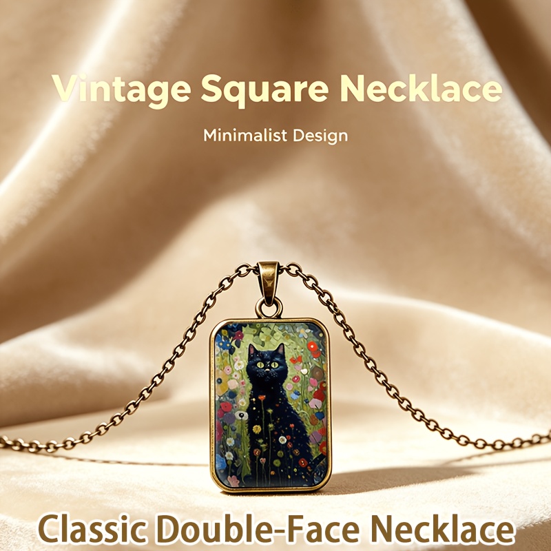 TEMU 1pc -sided Square Transparent Glass Base Classic Creative Necklace/pendant, Women' Metal Pendant Necklace, Oil Painting Style Black Cat In