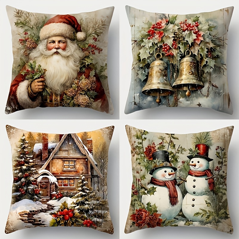 

1/4pcs, Christmas And Snowman Pattern Pillowcase, 17.7in X 17.7in, -sided , Decoration, Decoration, , Car Decoration