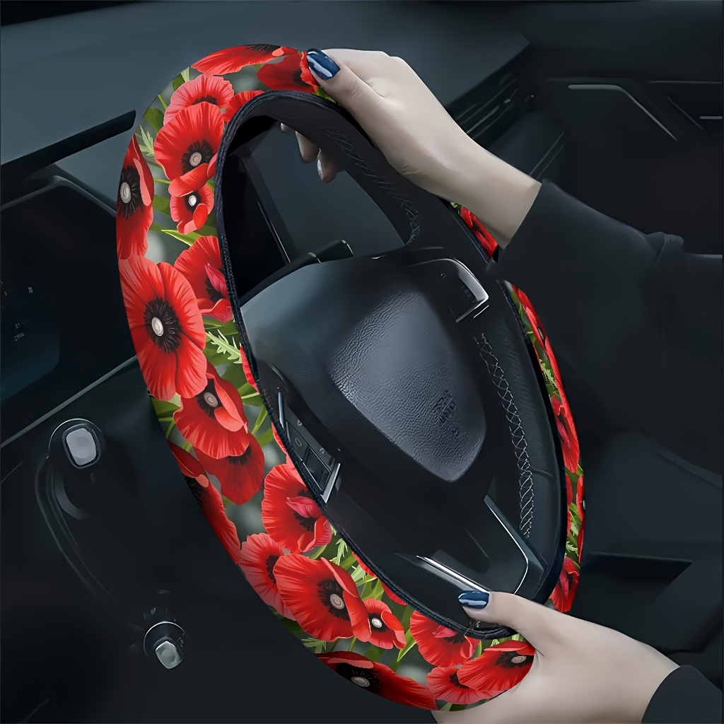 TEMU 1pc Red Flowering Field Car Steering Wheel Cover, Soft And Breathable To The Touch, Reduces Hand Fatigue, Suitable For , A Accessory, A Gift